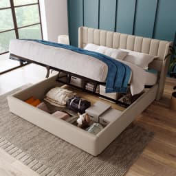KOMHTOM Hydraulic double bed 180x200cm with upholstery, Wood slatted metal frame, linen, beige