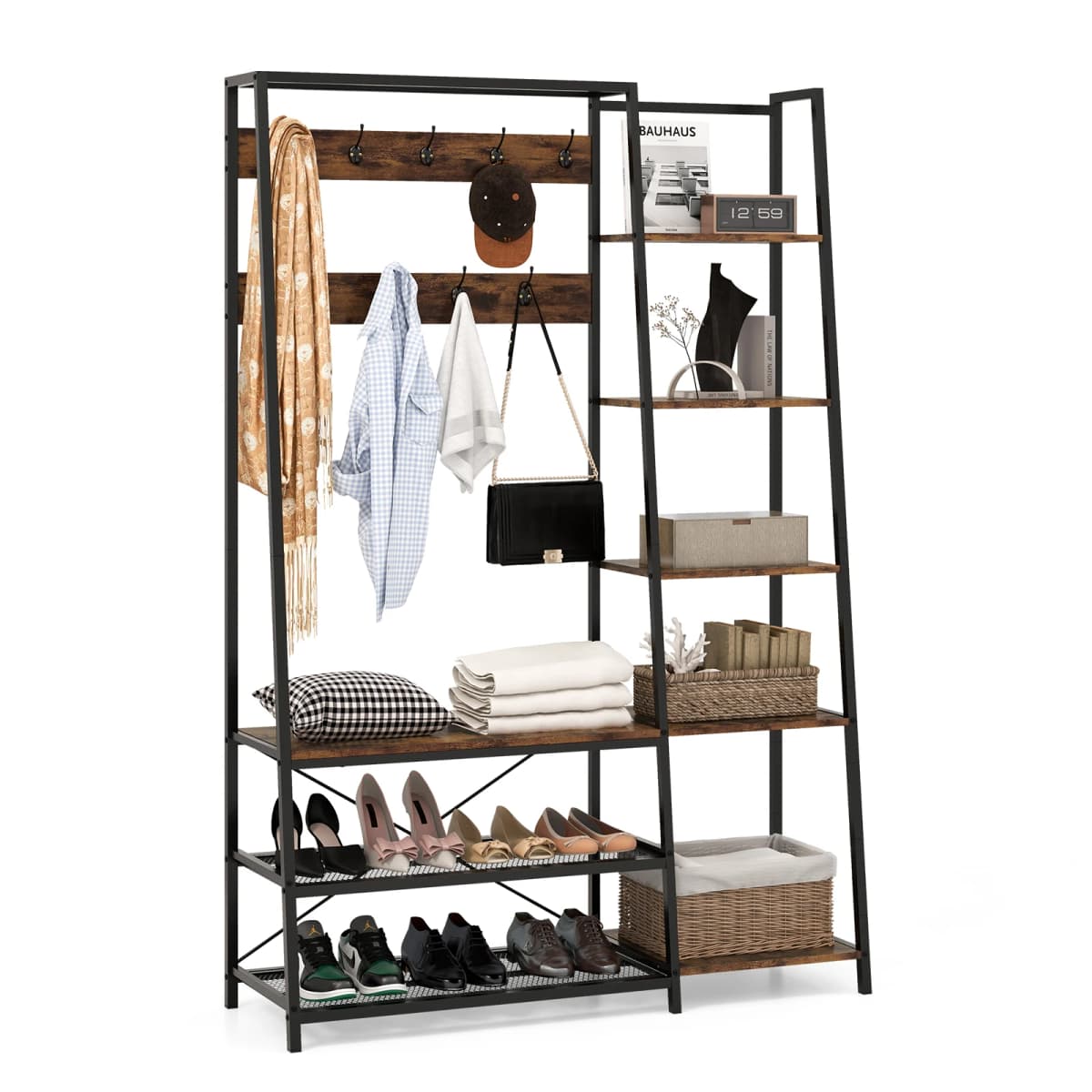 Coat rack bench seat & 2 shoe racks & 9 hooks & 5 side shelves & dresses bar dresses stand with shoe bench