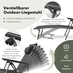 Folding sun lounger, aluminum garden lounger with 8-tier adjustable backrest, pillow and adjustable footboard