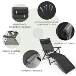 Folding sun lounger, aluminum garden lounger with 8-tier adjustable backrest, pillow and adjustable footboard