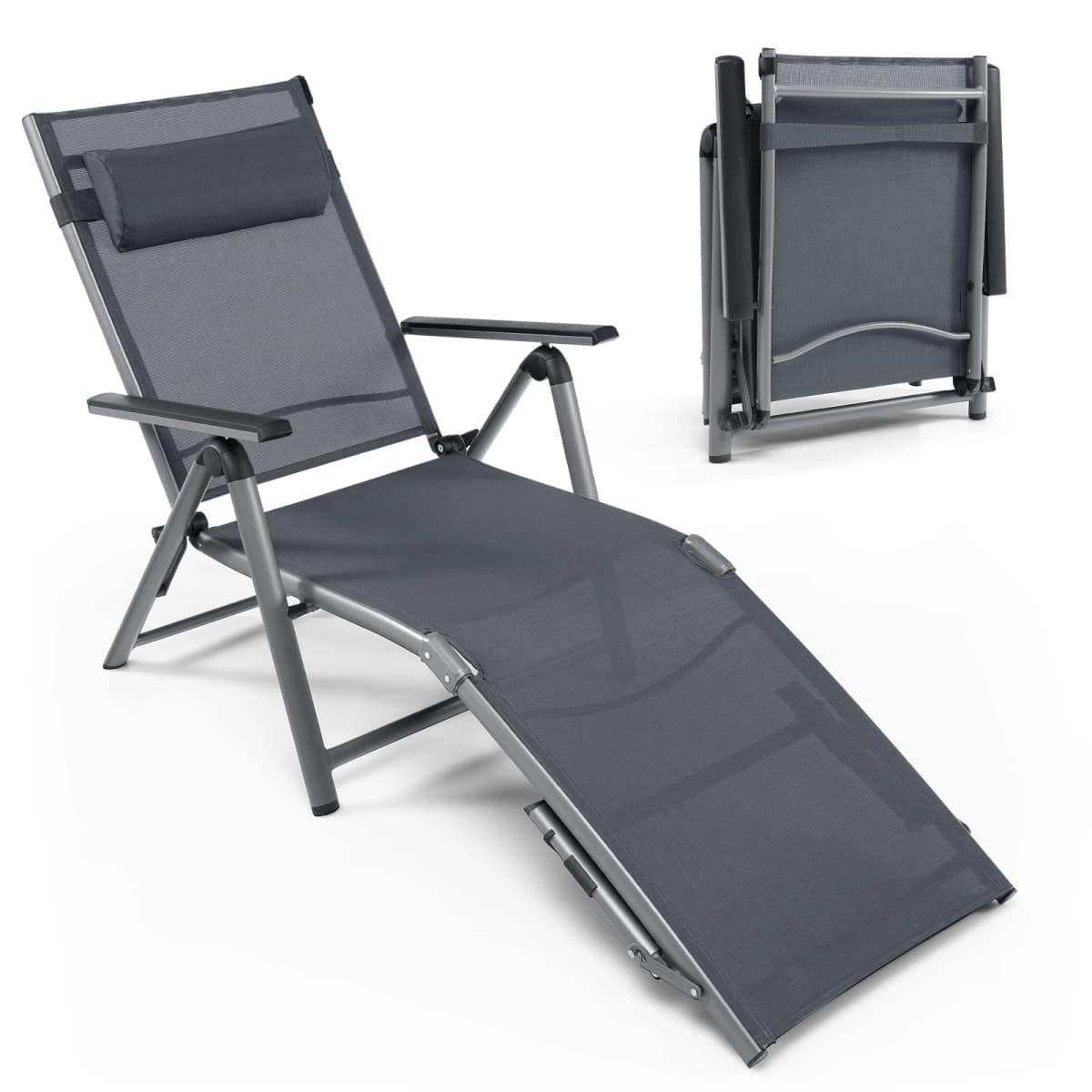 Folding sun lounger, aluminum garden lounger with 8-tier adjustable backrest, pillow and adjustable footboard