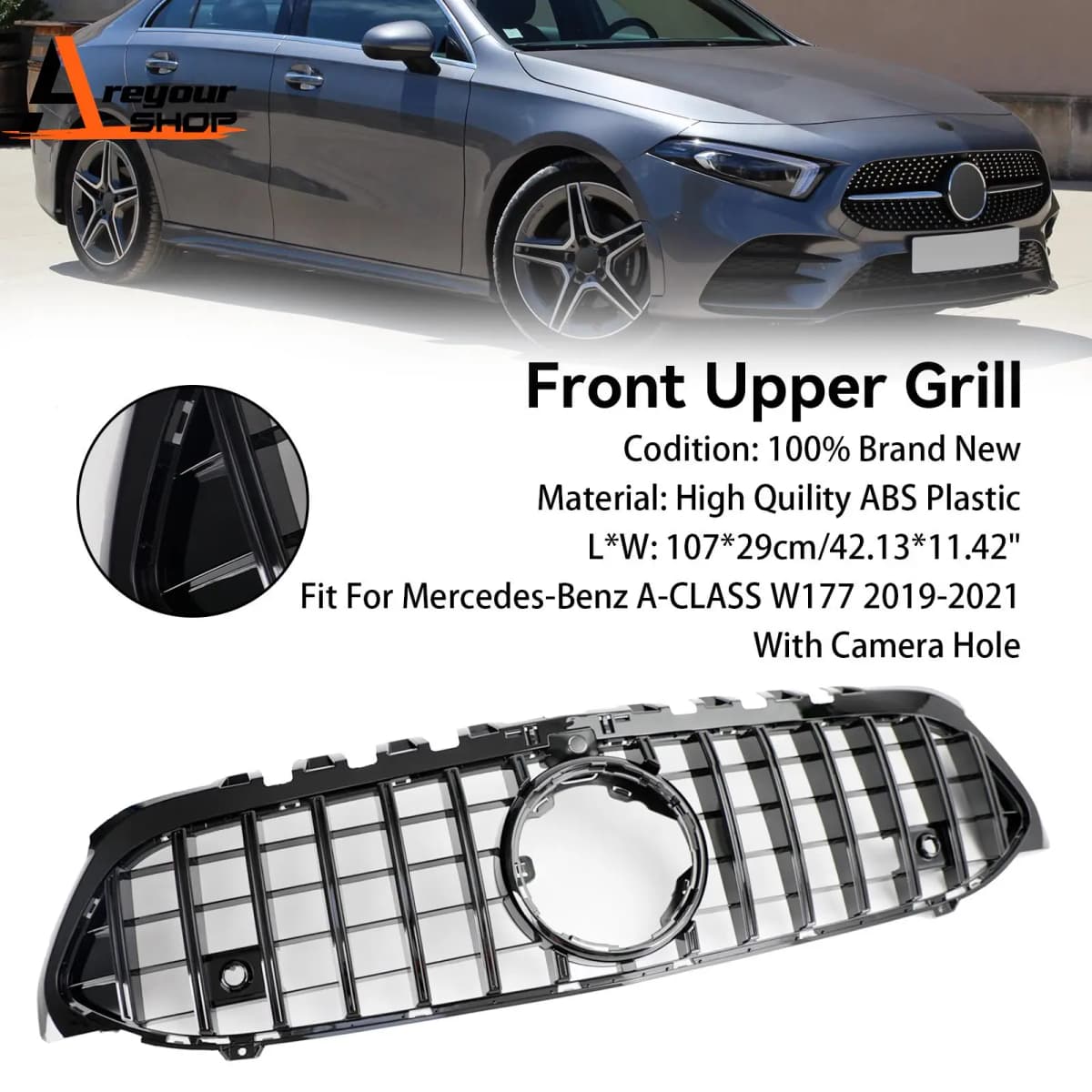 GT Style Front Bumper Grille Fit for Mercedes Benz A-Class W177 2019-2023 Black