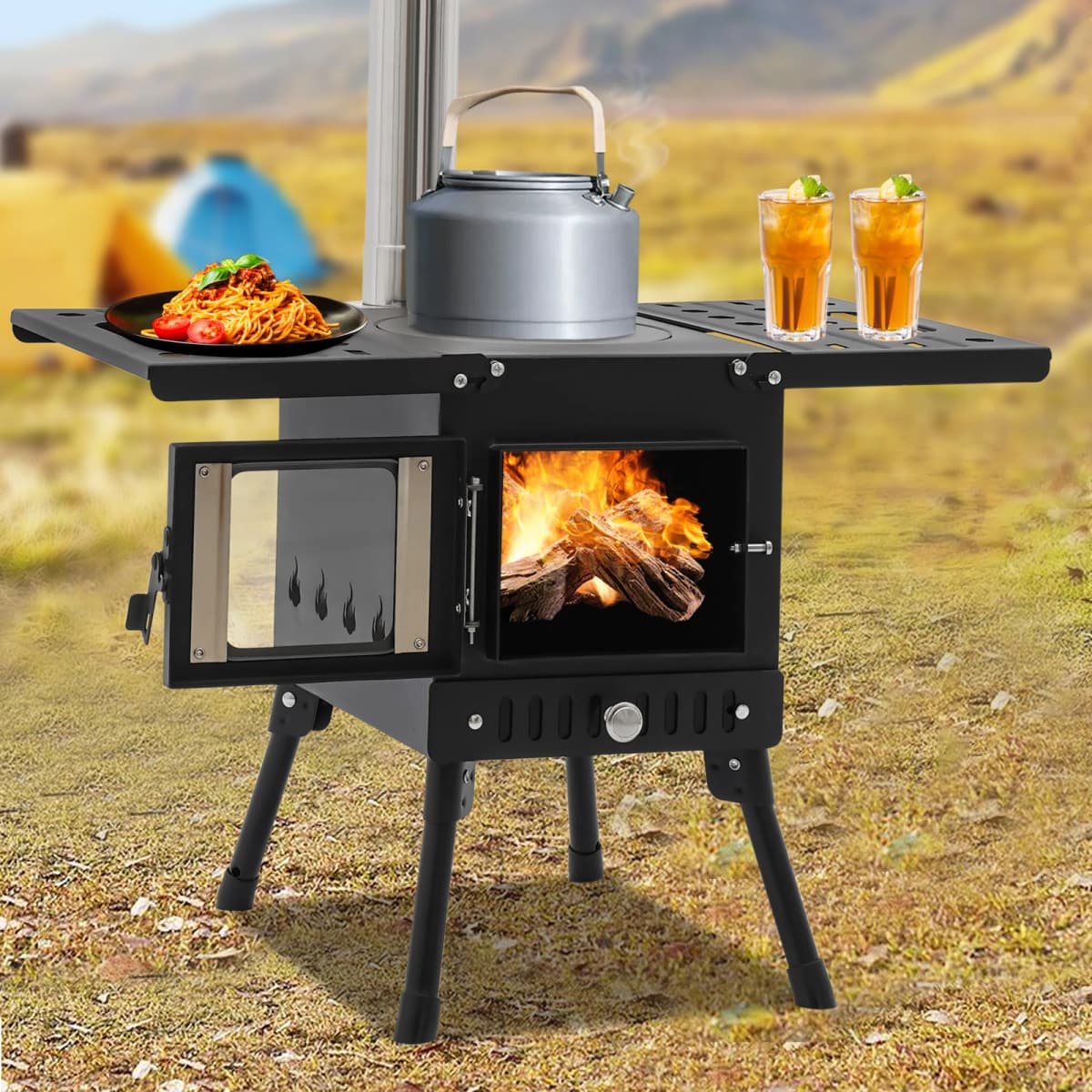 Foldable Wood Burning Camping Stove with Chimney Portable Stainless Steel Stove for Outdoor Cooking Fishing Backpacking Heating