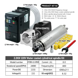 HTNC 2.2KW Water Cooled CNC Spindle Motor Kit 220V ER20 24000RPM 80mm Round Spindle with VFD Inverter Water Pump Bracket Collets for CNC Router Engraver