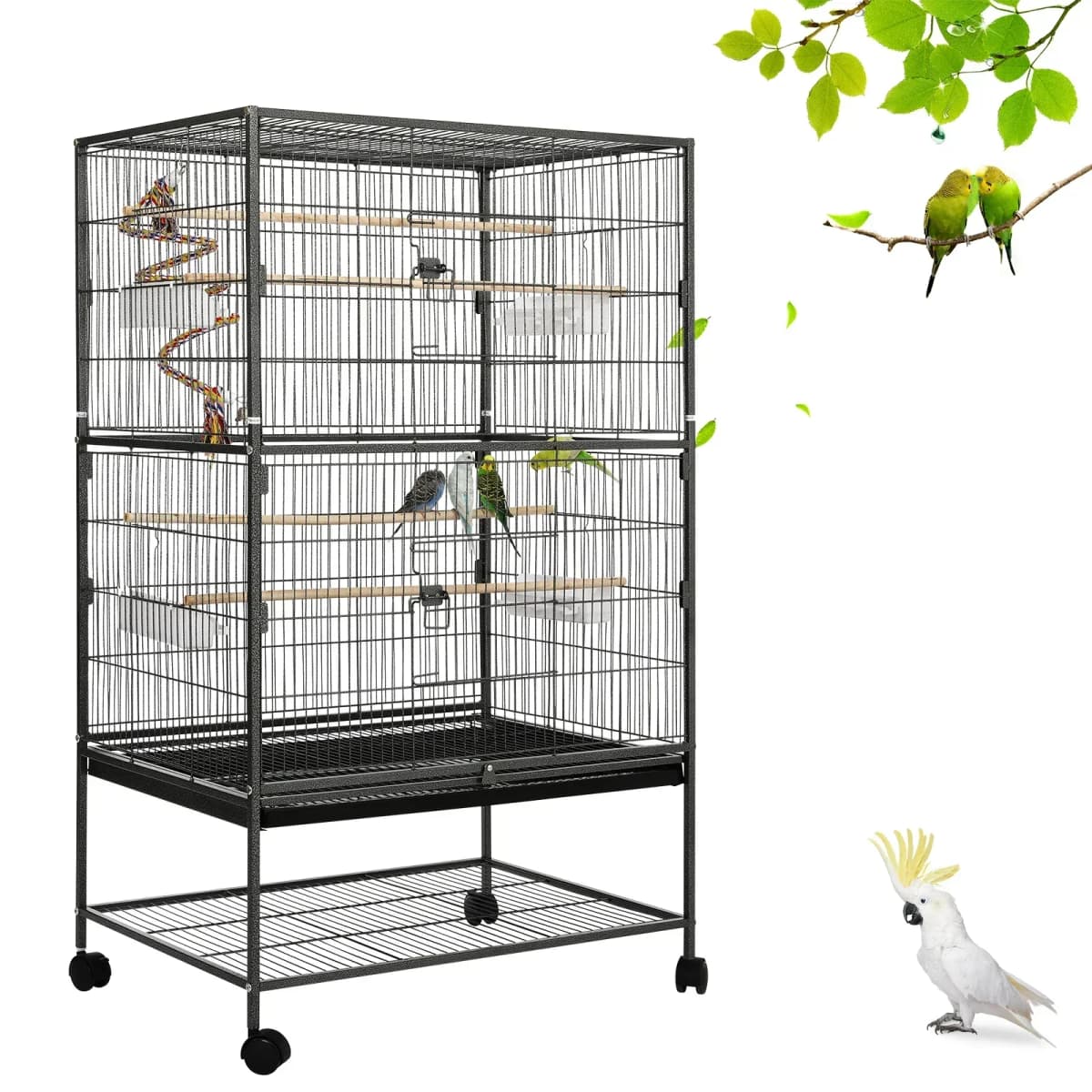 Large Birdcage Metal Cage Standing Birdcage 52x78x132cm, Pet Products Wrought Iron Flight Cage with Stand F040 Black Bird Cage