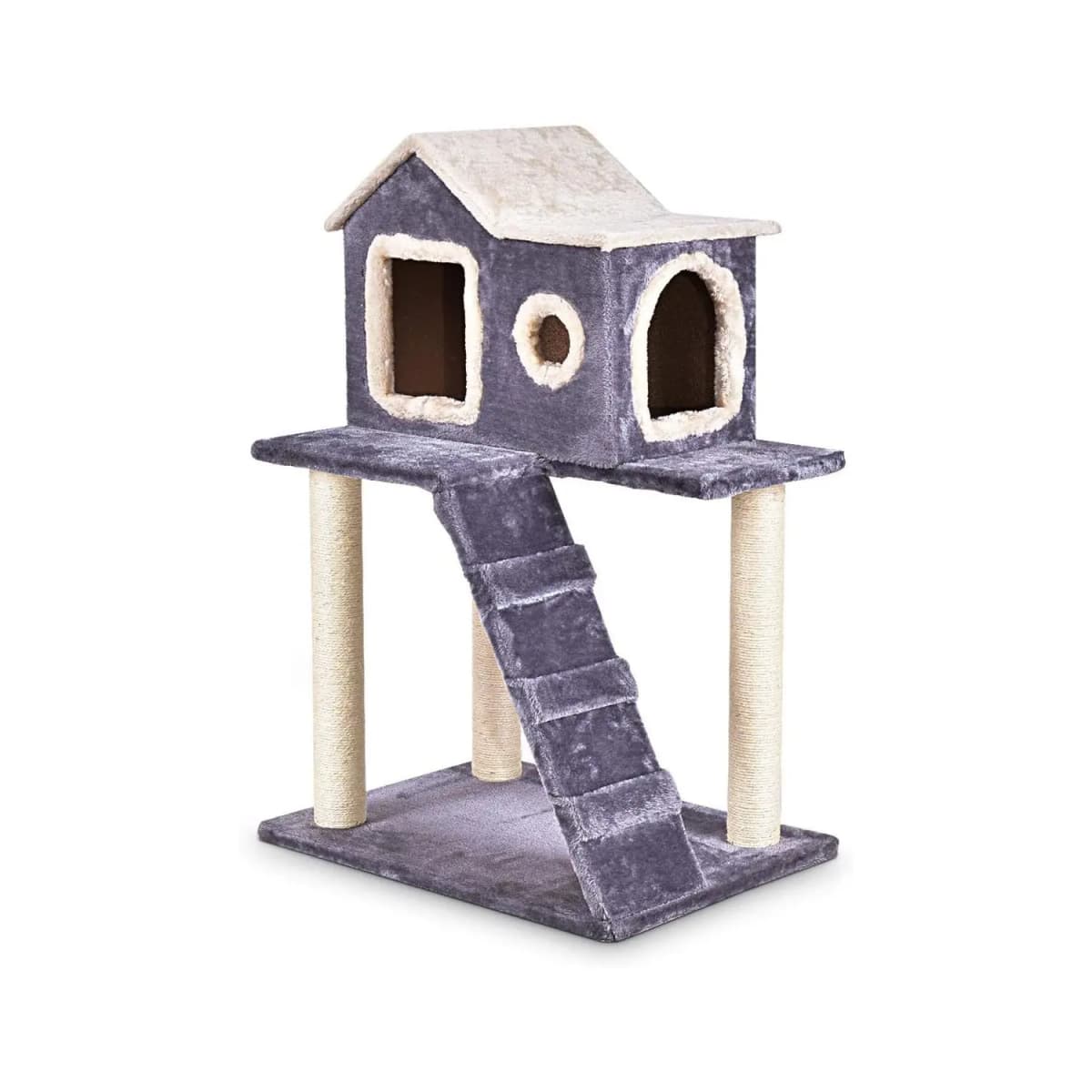 88 CM Wooden Cat Tree with Plush Lining, Sisal Posts, Comfortable Kennel, Staircase, Grey