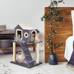 88 CM Wooden Cat Tree with Plush Lining, Sisal Posts, Comfortable Kennel, Staircase, Grey