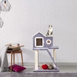 88 CM Wooden Cat Tree with Plush Lining, Sisal Posts, Comfortable Kennel, Staircase, Grey