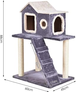 88 CM Wooden Cat Tree with Plush Lining, Sisal Posts, Comfortable Kennel, Staircase, Grey