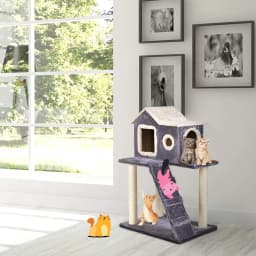 88 CM Wooden Cat Tree with Plush Lining, Sisal Posts, Comfortable Kennel, Staircase, Grey