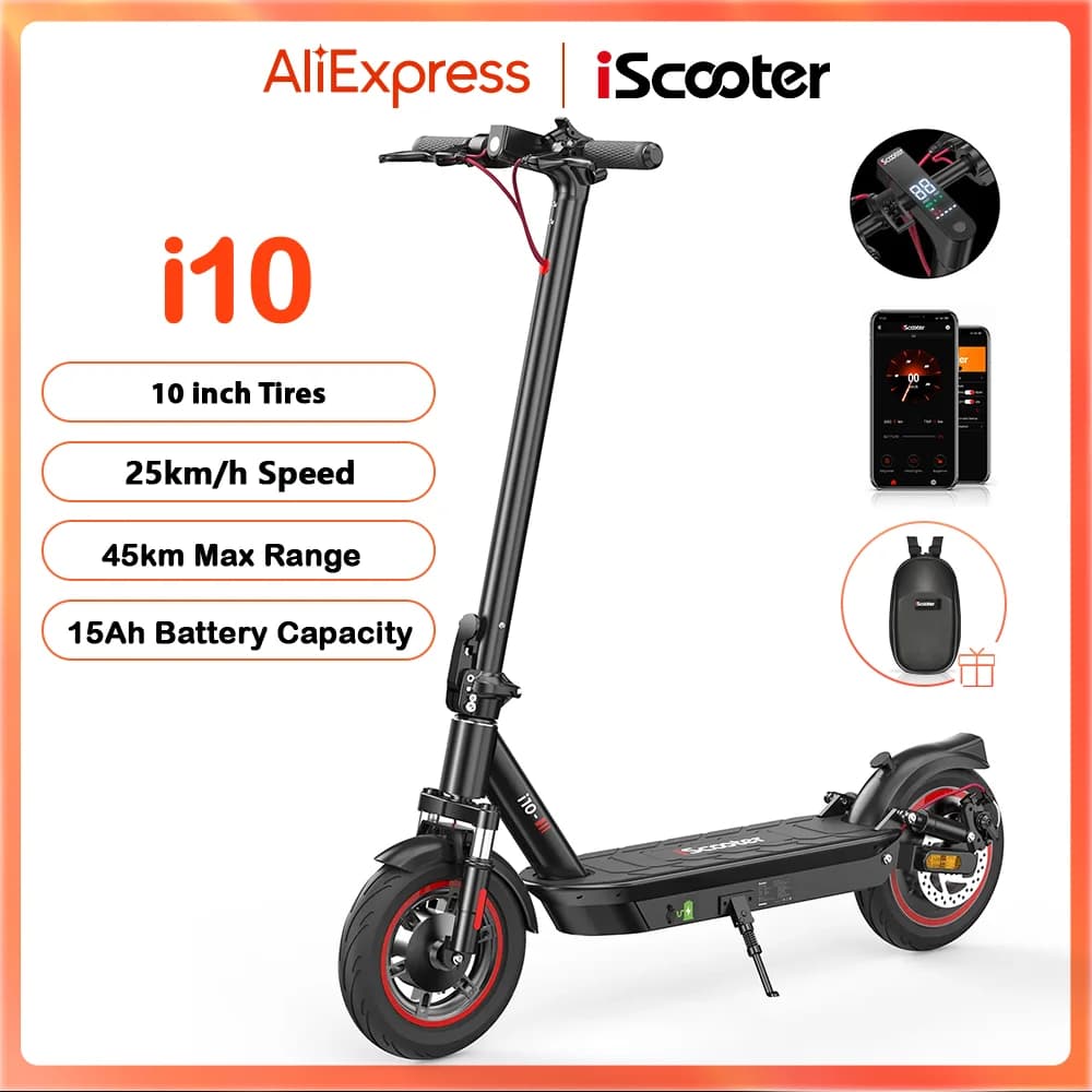 Electric Scooter i10 battery 15 Ah inflatable tires 10 inch range 45 km maximum speed 25 km/h mobile app compatible
