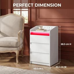 Bedside Table Set of 2 with 3 Drawers, Side Table with Charging Station and LED, 2 AC and 2 USB Ports for Bedroom,White