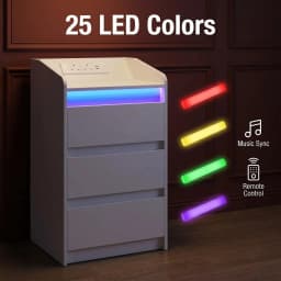 Bedside Table Set of 2 with 3 Drawers, Side Table with Charging Station and LED, 2 AC and 2 USB Ports for Bedroom,White
