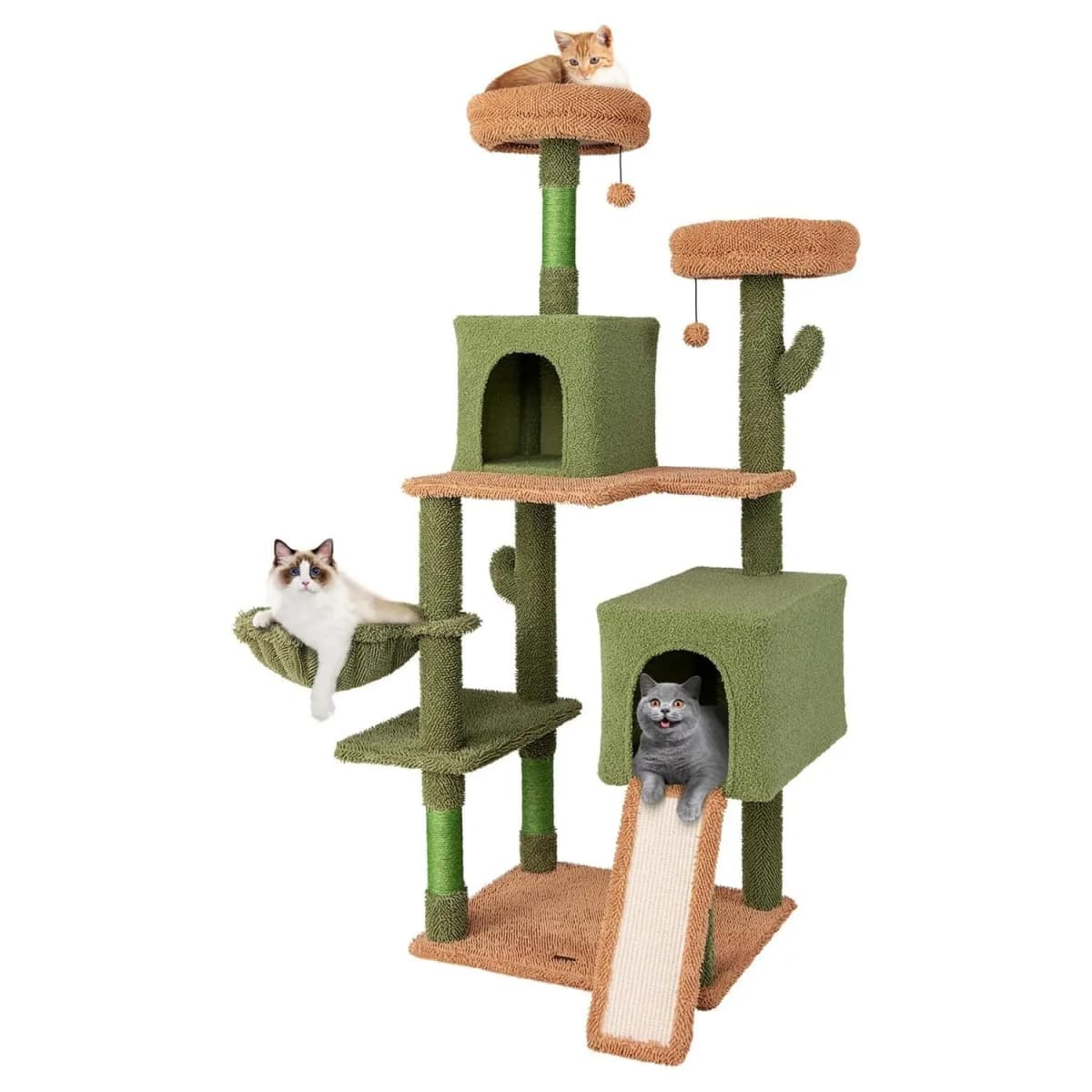 Green Cactus Cat Tree 152cm with 2 perches, sisal scratching post, ramp, washable cushionsActivity tree suitable for cats