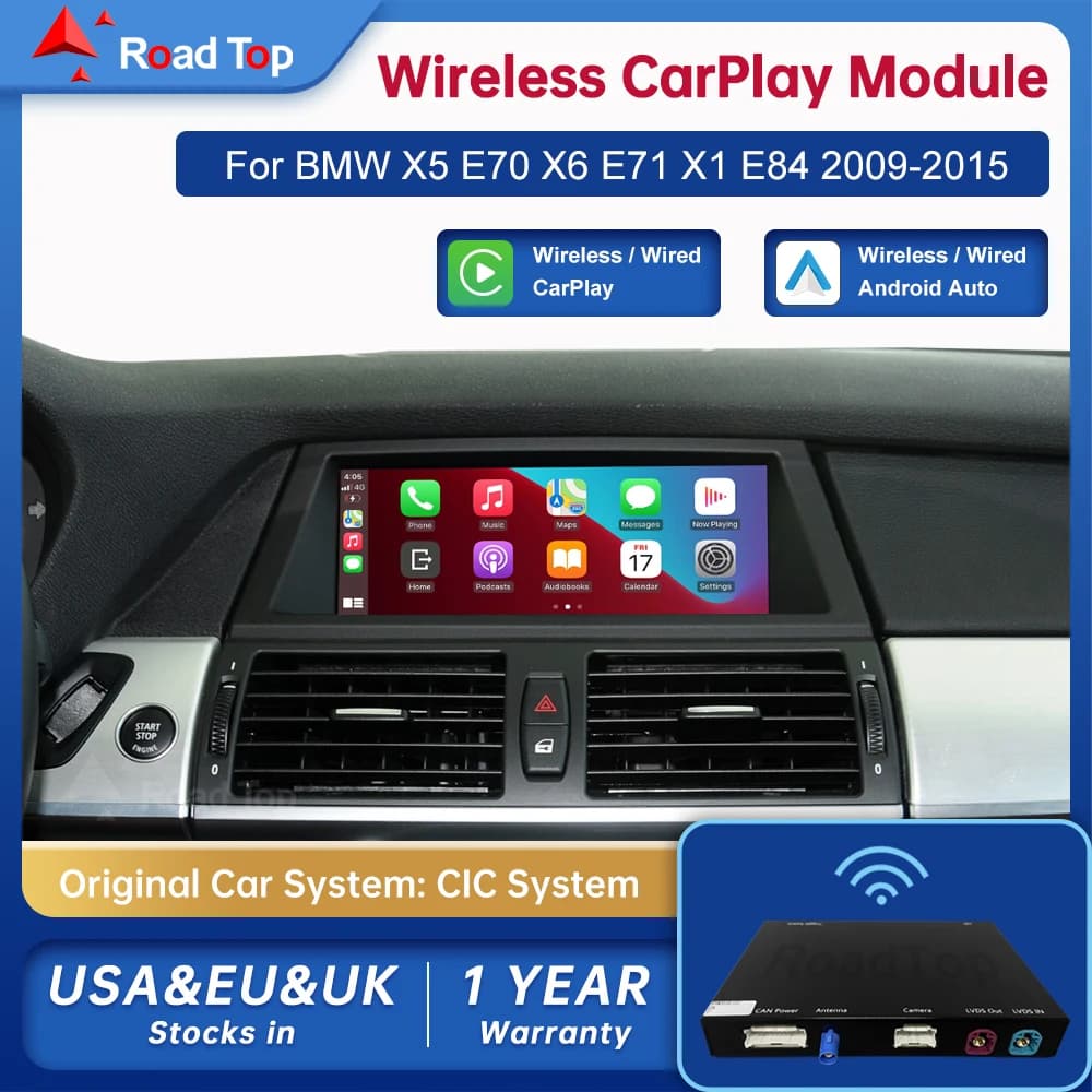 Road Top Wireless Android Auto For BMW Car X1 E84 X5 E70 X6 E71 CIC 2009-2015 Carplay Interface Mirror Link Air Play