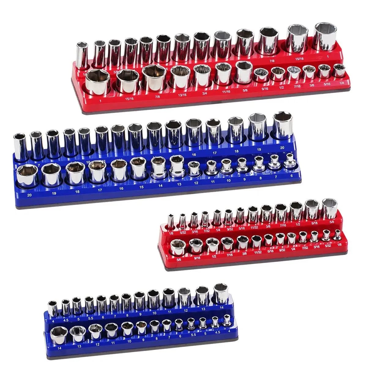 SucceBuy 4PCS Magnetic Socket Organizer Set 3/8'' Metric SAE Socket Trays with Clear Labels for Factory Tools Repair Garage