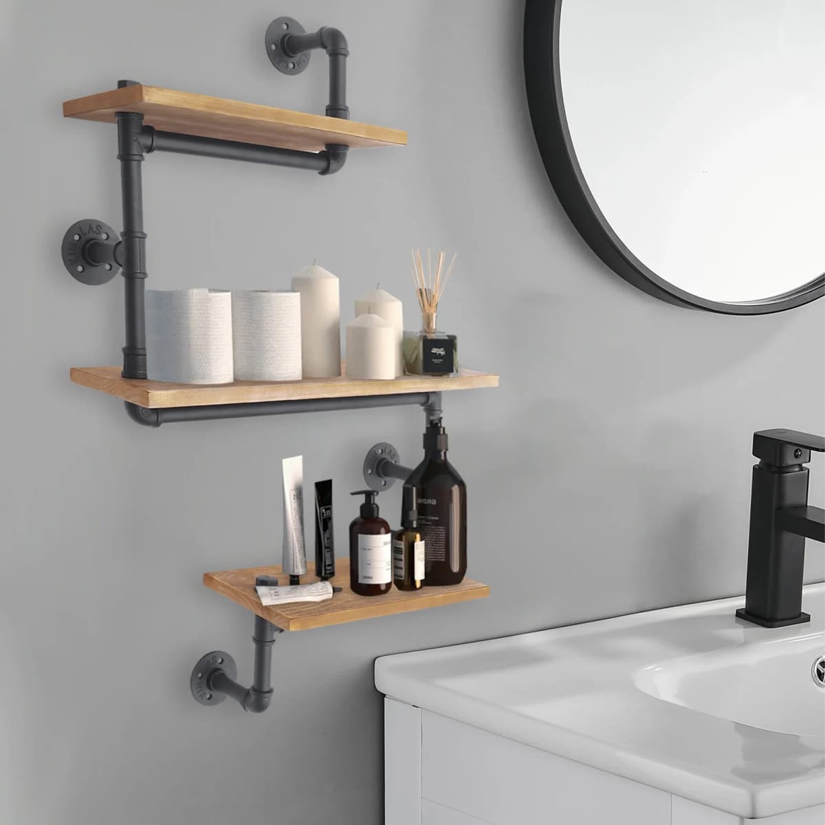 3-Shelves Vintage Industrial Pipe Wall Shelf Bracket Wooden Bookshelf Kitchen Shelf Brown Wall Mounted Pipe Design Bookcases