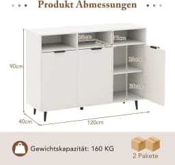 Wooden Sideboard, Kitchen Cabinet with 5-Way Adjustable Shelves,Storage Cabinet with 3 Open Compartments & Doors120 x40x 90 cm