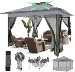 3×3m Pop Up Gazebo On Clearance - Upgrade Easy Up Metal Outdoor Gazebo Waterproof - Portable Gazebo with Mosquito Nettings