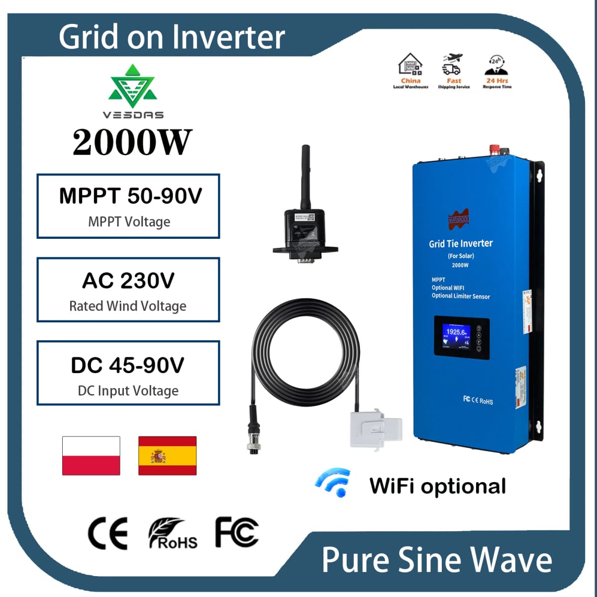 2000W Solar PV Limit Sensor Grid on Inverter with LCD Display DC 48V & AC 230V Household Solar Grid Tie Converter Optional WiFi
