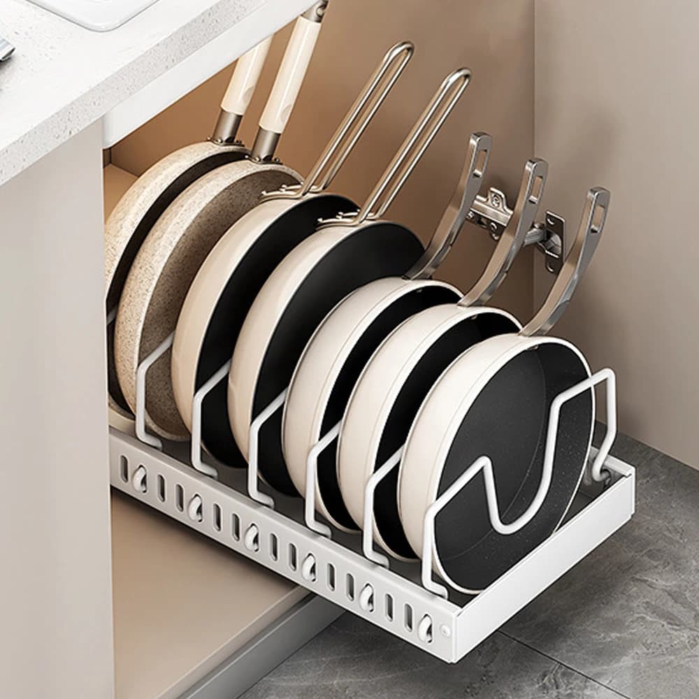 Pots and Pans Organizer Under Cabinet,Sliding Pot Lid Holder and Pan Rack Kitchen,Pull out Pot and Pan Organizer,Dishes Storage