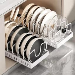 Pots and Pans Organizer Under Cabinet,Sliding Pot Lid Holder and Pan Rack Kitchen,Pull out Pot and Pan Organizer,Dishes Storage