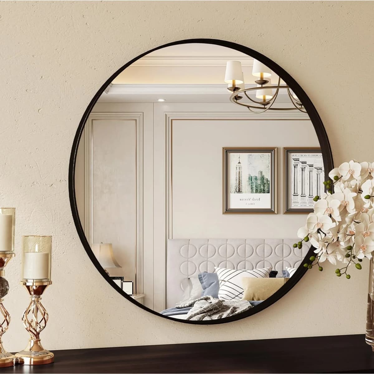 Wall Mirror with Black Brushed Metal Frame for Bathroom Bedroom Entrance Wall Decoration,Round Bathroom Mirror 60x60 / 80x80cm
