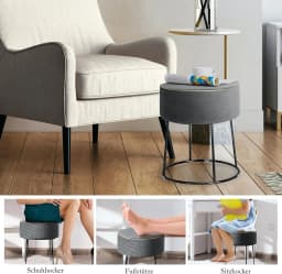 Round Seat Stool, Velvet Footstool with Metal Legs, Dressing Stool Padded up to 150 kg, Ottoman Velvet Stool (Grey)