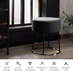 Round Seat Stool, Velvet Footstool with Metal Legs, Dressing Stool Padded up to 150 kg, Ottoman Velvet Stool (Grey)