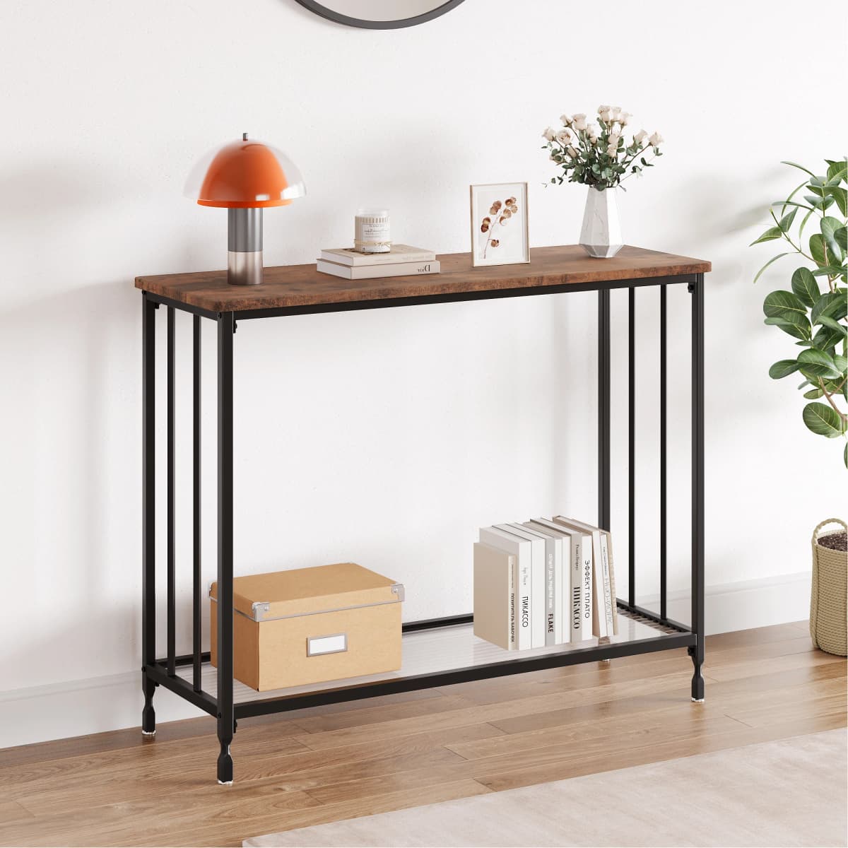 Narrow Entryway Console Table with Glass Shelf and Metal Frame Behind Couch Table Industrial Hallway Table for Living Room Foyer