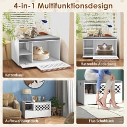 Cat Cabinet for Cat Litter Tray, 4 in 1 Cat House Shoe Bench Side Table, Cat Cave with Entrance & Hook & Removable Cushion
