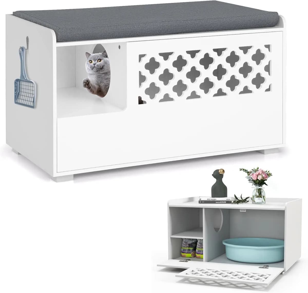 Cat Cabinet for Cat Litter Tray, 4 in 1 Cat House Shoe Bench Side Table, Cat Cave with Entrance & Hook & Removable Cushion