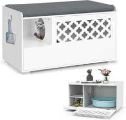 Cat Cabinet for Cat Litter Tray, 4 in 1 Cat House Shoe Bench Side Table, Cat Cave with Entrance & Hook & Removable Cushion