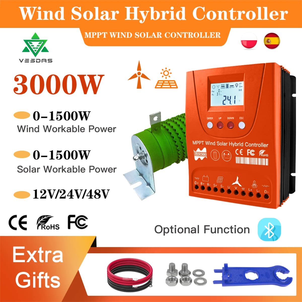 MPPT 3KW Hybrid Solar Wind Controller 12V24V48V With Bluetooth, LCD Display, All Battery Use for Solar Panels or Wind Generator