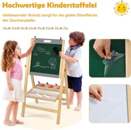 3-in-1 Children's Easel Made of Wood,Whiteboard&Chalkboard&Drawing Paper,Height Adjustable/Foldable,with Shelf and Accessories