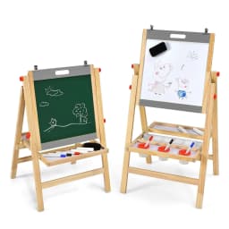 3-in-1 Children's Easel Made of Wood,Whiteboard&Chalkboard&Drawing Paper,Height Adjustable/Foldable,with Shelf and Accessories
