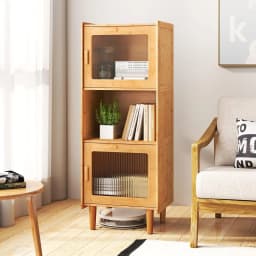 Bamboo Kitchen Cabinet, with 2 Acrylic Doors & Open Compartment, for Kitchen, Living Room, Natural, 49.5 x 40 x 130 cm