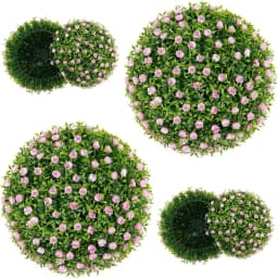 Boxwood Ball 37cm,UV-Resistant,Decorative Ball with Pink Flowers,Topiary Artificial Plant,Ball Artificial Plant,Decorative Plant