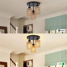Woven Rattan Chandelier 3-Light Boho Ceiling Lamp Semi Flush Mount Lighting for Dining Kitchen Hallway Office Decor