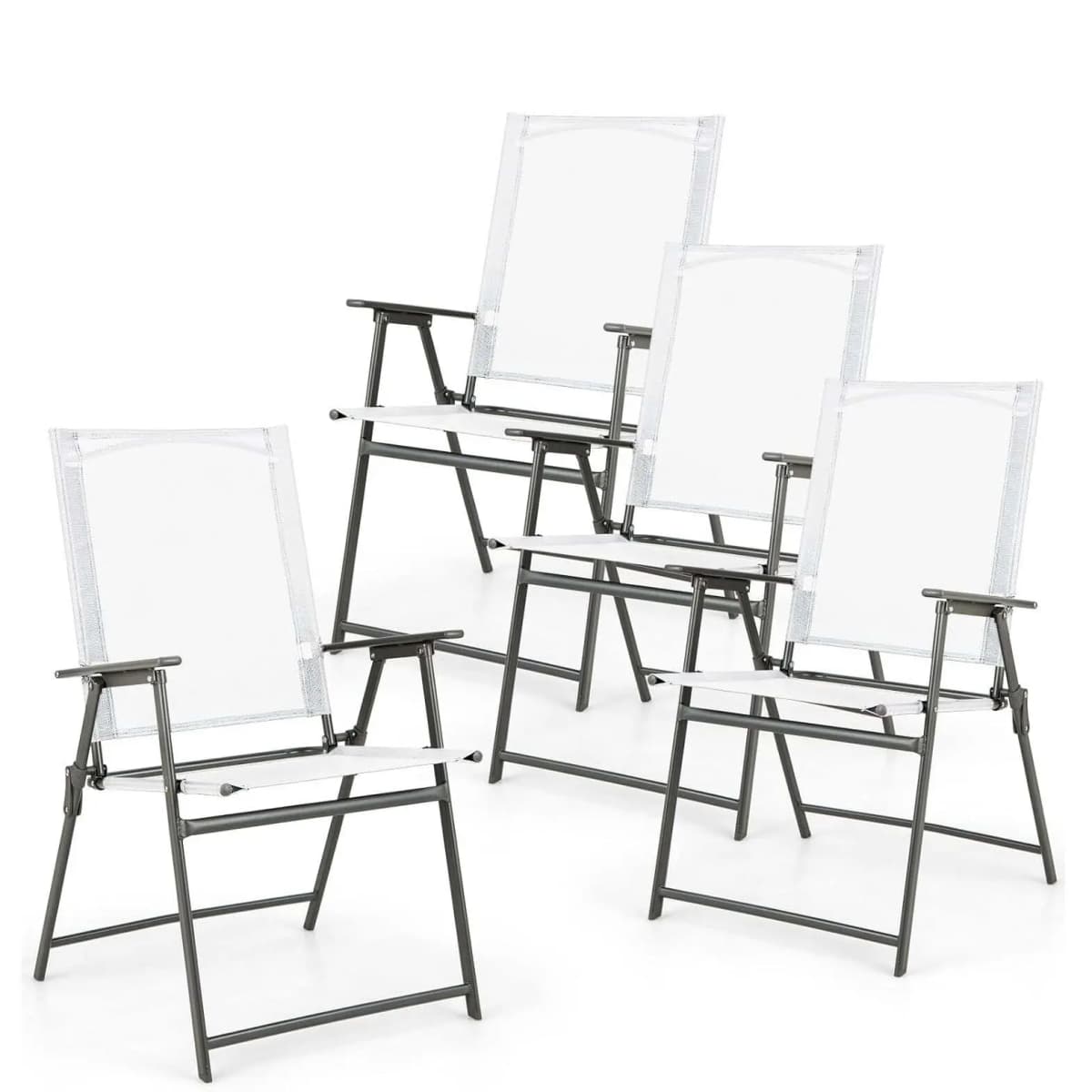 Set of 4 Garden Chairs, Folding Chairs with Weatherproof Fabric, Balcony Chairs with Armrests, Patio Chairs(White)