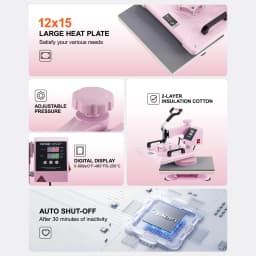 SucceBuy Heat Press Machine 12x15inch 8in 1 Heat Transfer Machine 360° Swing Away T-Shirt for T-Shirts/Mugs/Hats/Plates Pink