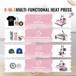 SucceBuy Heat Press Machine 12x15inch 8in 1 Heat Transfer Machine 360° Swing Away T-Shirt for T-Shirts/Mugs/Hats/Plates Pink