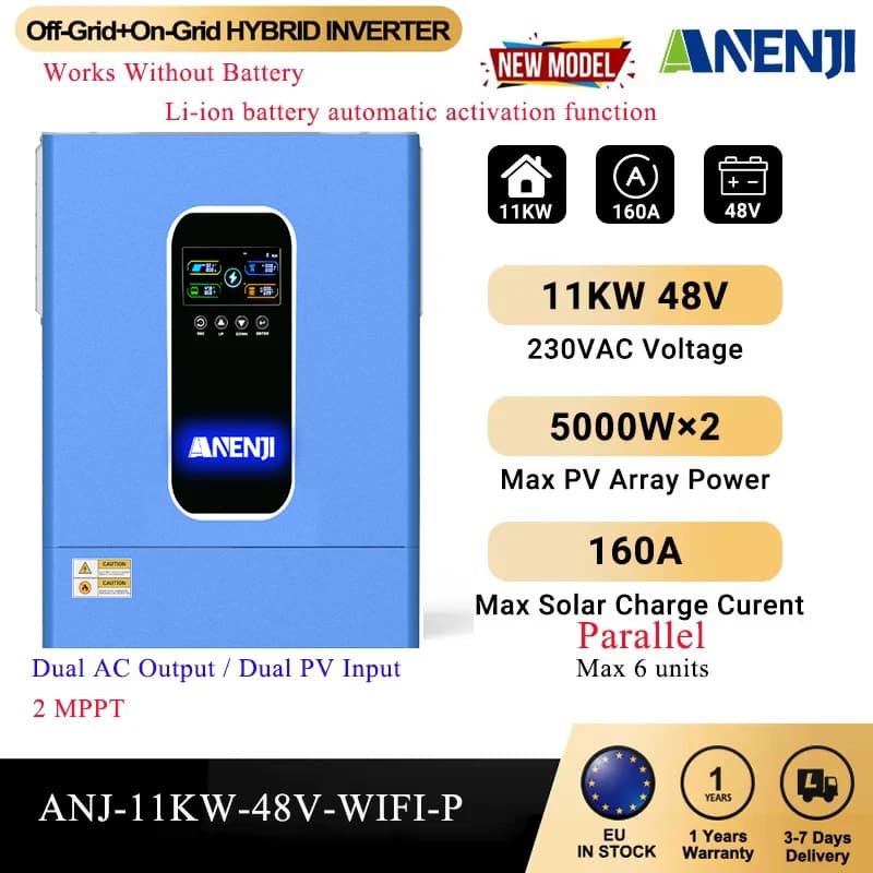 11KW 48V Hybrid Solar Inverter 230V MPPT Off Grid Tie Parallel Photovoltaic Inverter Pure Sine Wave 160A Solar Charger PV 500V