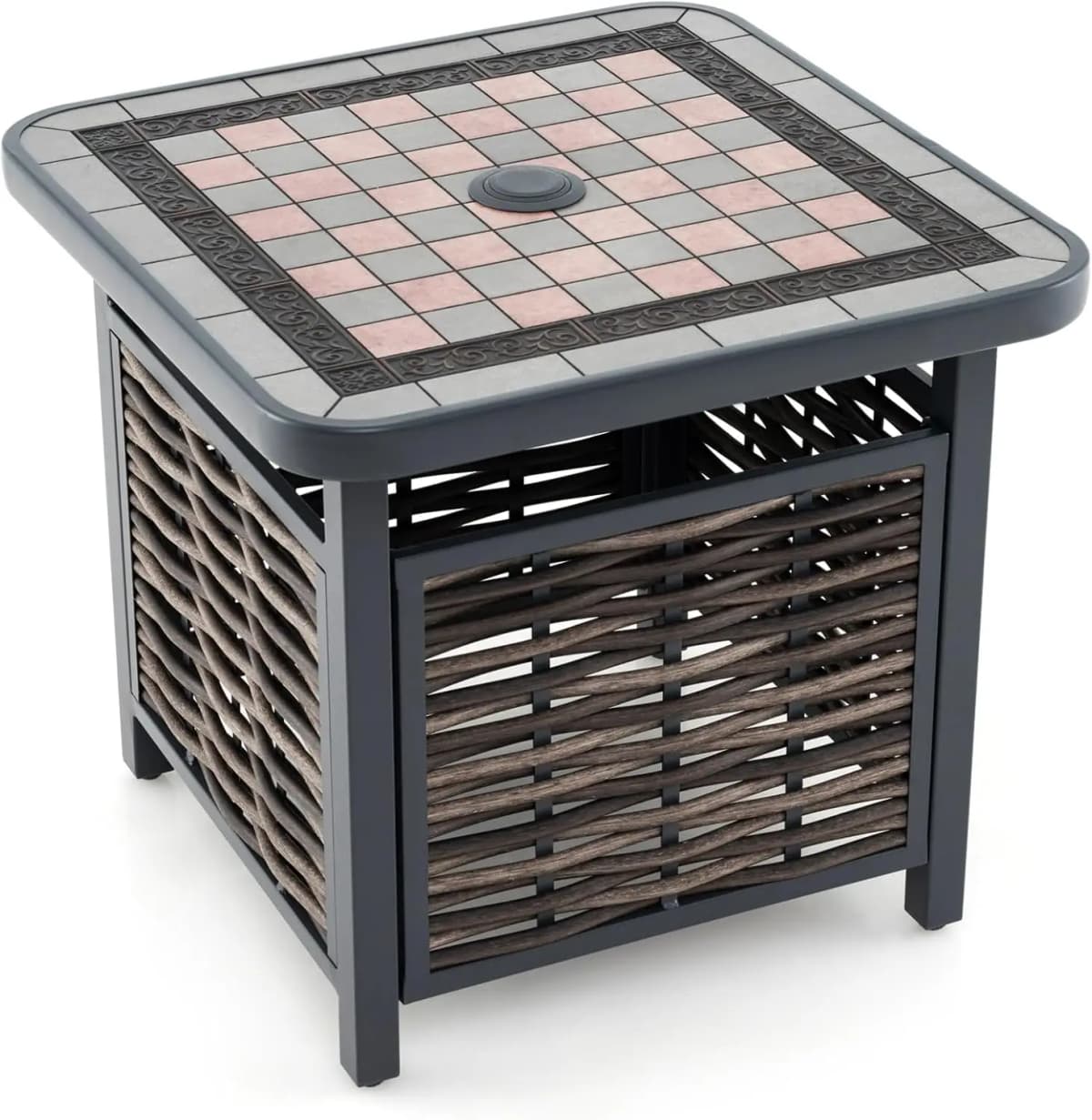 Polyrattan Side Table, Garden Table with Resin Table Top and Umbrella Hole,Balcony Table for Patio,Balcony,Garden,55 x 55 x 50cm