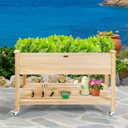 Raised Bed with Shelf & Wheels, Raised Wooden Garden Bed, Planter with Lockable Wheels & Cover Film, 120 x 59 x 84 cm