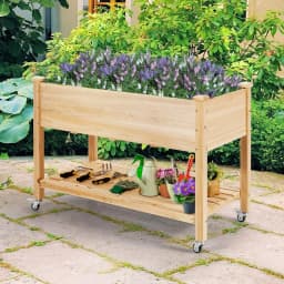 Raised Bed with Shelf & Wheels, Raised Wooden Garden Bed, Planter with Lockable Wheels & Cover Film, 120 x 59 x 84 cm
