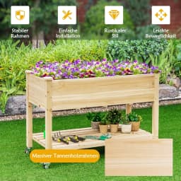 Raised Bed with Shelf & Wheels, Raised Wooden Garden Bed, Planter with Lockable Wheels & Cover Film, 120 x 59 x 84 cm