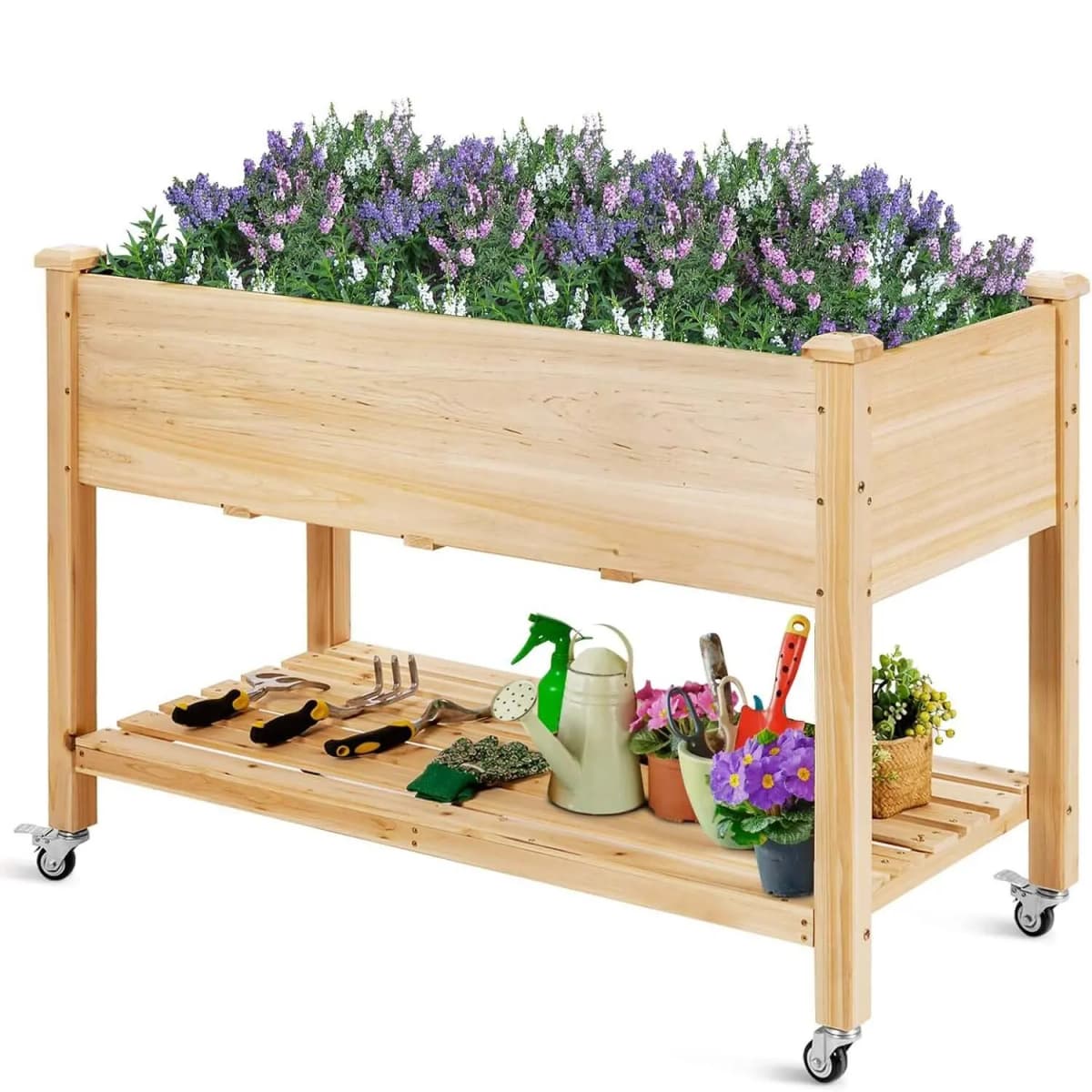 Raised Bed with Shelf & Wheels, Raised Wooden Garden Bed, Planter with Lockable Wheels & Cover Film, 120 x 59 x 84 cm