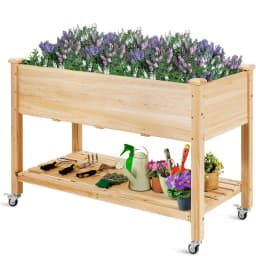 Raised Bed with Shelf & Wheels, Raised Wooden Garden Bed, Planter with Lockable Wheels & Cover Film, 120 x 59 x 84 cm