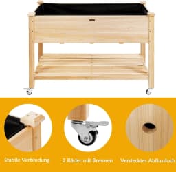 Raised Bed with Shelf & Wheels, Raised Wooden Garden Bed, Planter with Lockable Wheels & Cover Film, 120 x 59 x 84 cm